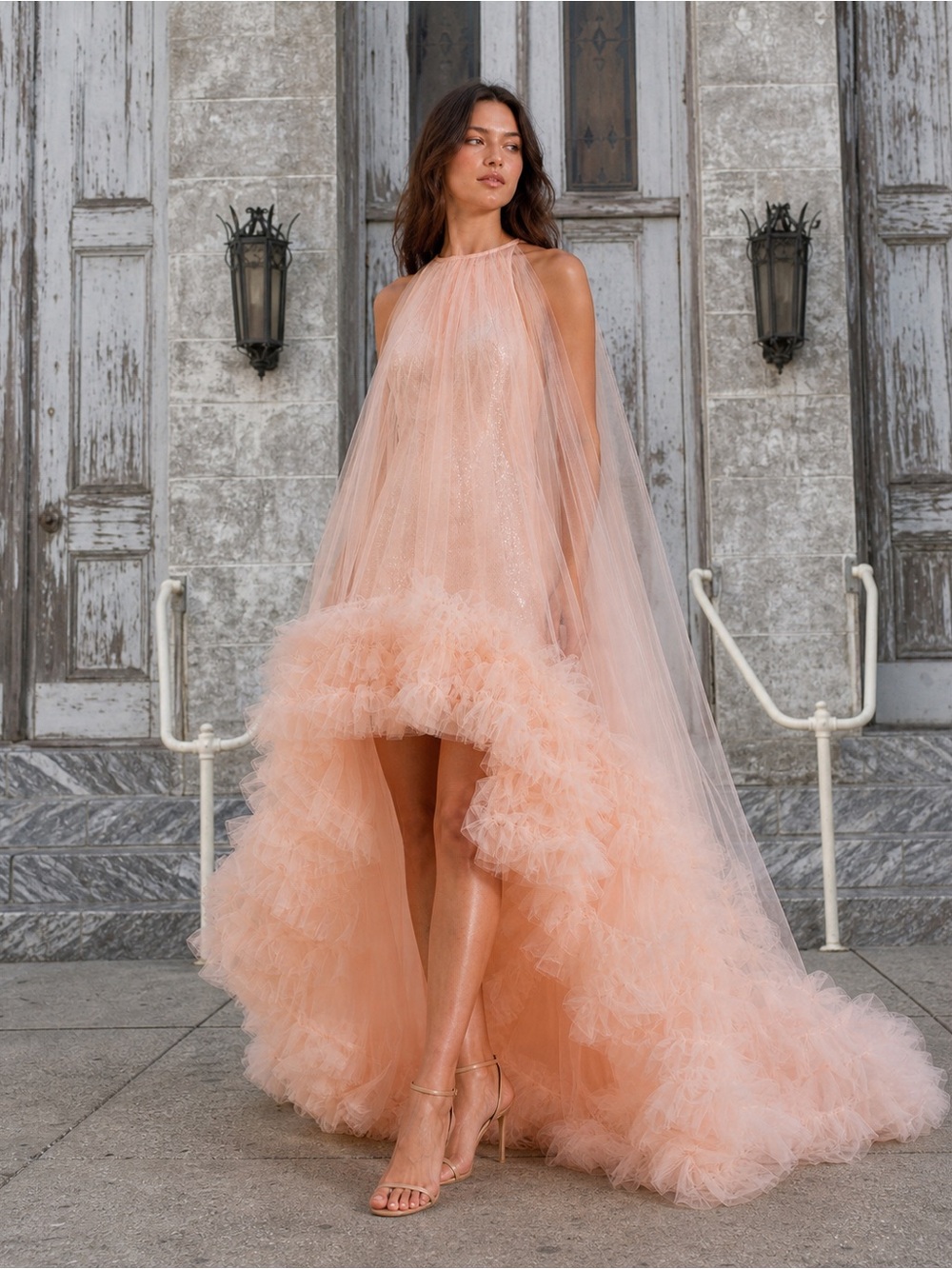 Mac Duggal Blush Peach Tulle High-Low Ruffle Gown